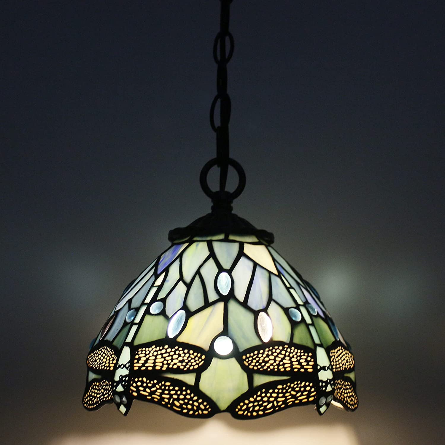 Werfactory® Tiffany Pendant Light Sea Blue Stained Glass Dragonfly Style Wide 8 Inch Hanging Lamp