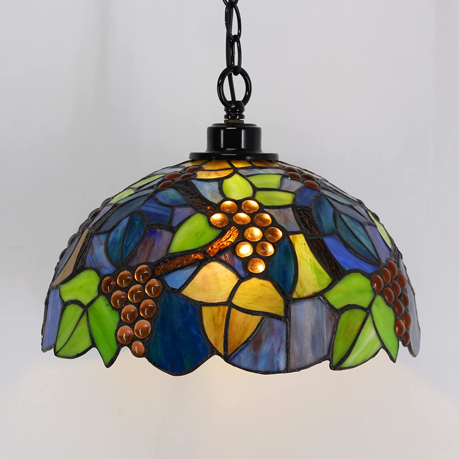 Werfactory® Tiffany Pendant Light 12 Inch Green Grape Style Stained Glass Chandelier
