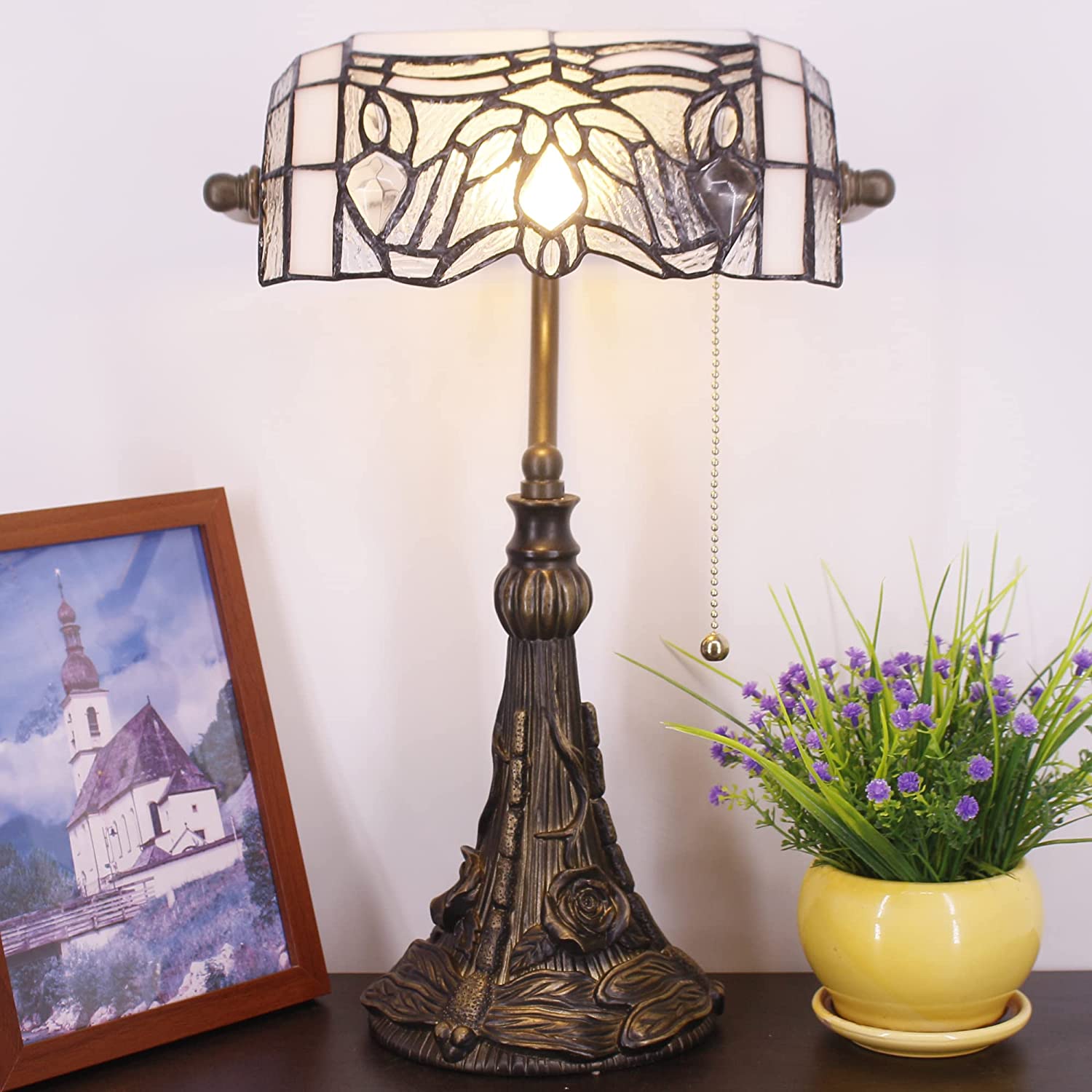 Werfactory® Banker Lamp Tiffany Desk Lamp White Stained Glass Table Lamp 15" Tall
