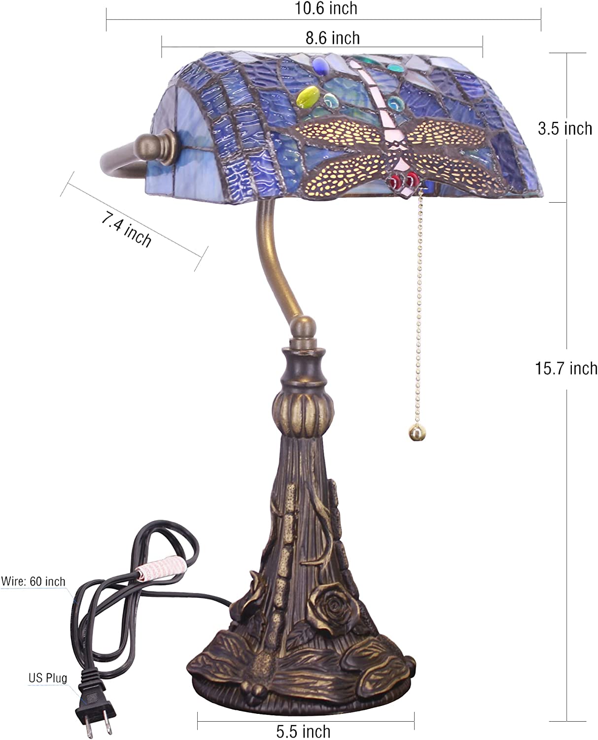 Werfactory® Banker Lamp Tiffany Desk Lamp Navy Blue Dragonfly Style Stained Glass Table Lamp 15" Tall