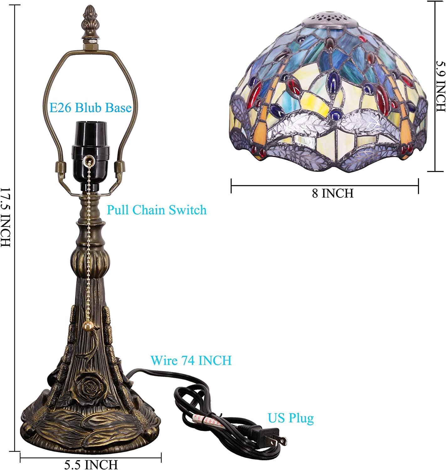 8" Tiffany Dragonfly Shade Werfactory® Stained Glass Shade