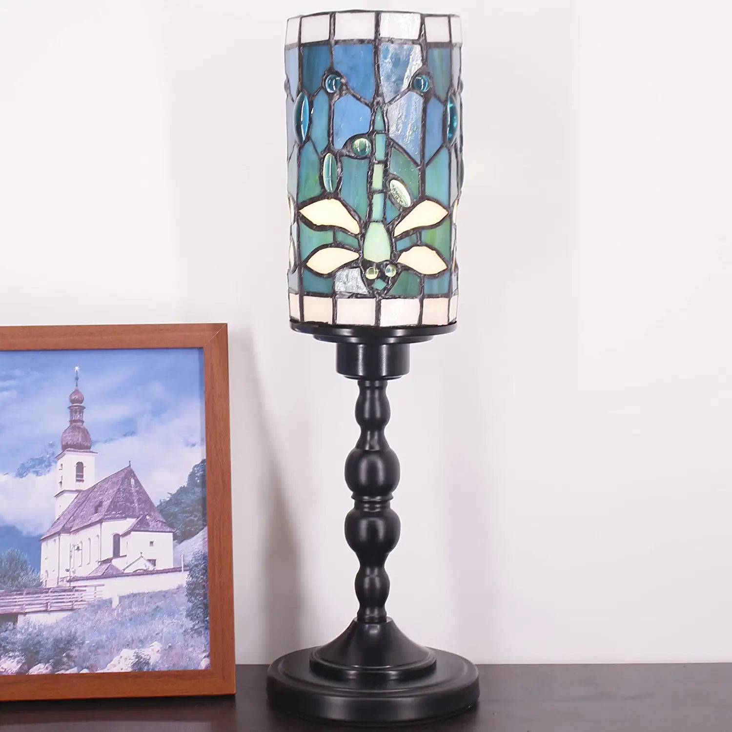 WERFACTORY Small Tiffany Lamp Mini Stained Glass Table Lamp Wide 4 Tall 15 Inch Green Blue Dragonfly Style Rustic Night Light