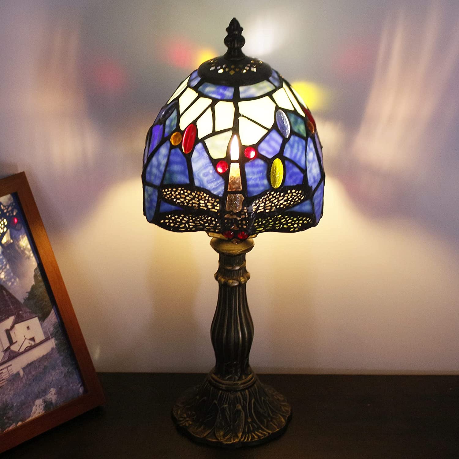 Werfactory® Small Tiffany Lamp Stained Glass Table Lamp Blue Dragonfly Style 14" Tall
