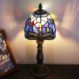 Werfactory® Small Tiffany Lamp Stained Glass Table Lamp Blue Dragonfly Style 14" Tall