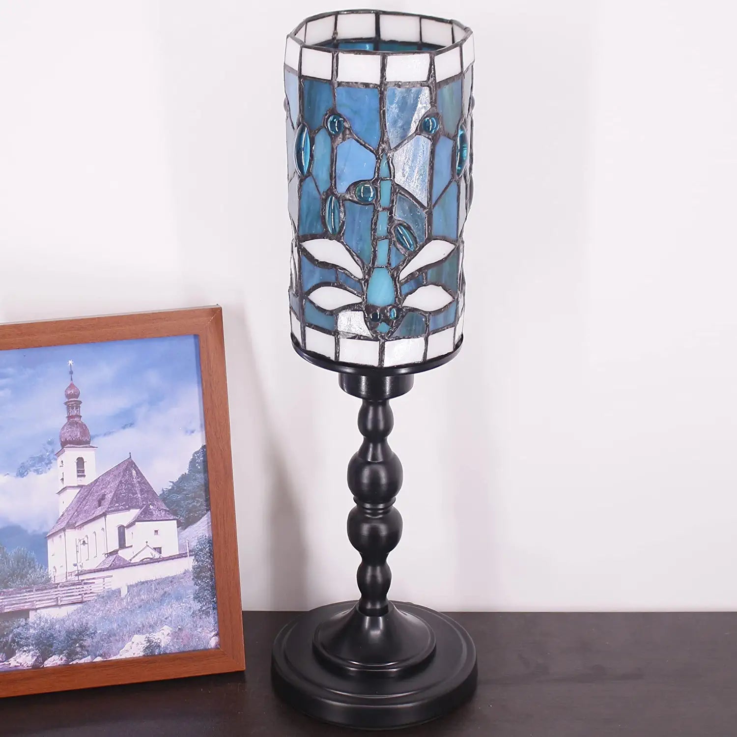 WERFACTORY Small Tiffany Lamp Mini Stained Glass Table Lamp Wide 4 Tall 15 Inch Green Blue Dragonfly Style Rustic Night Light