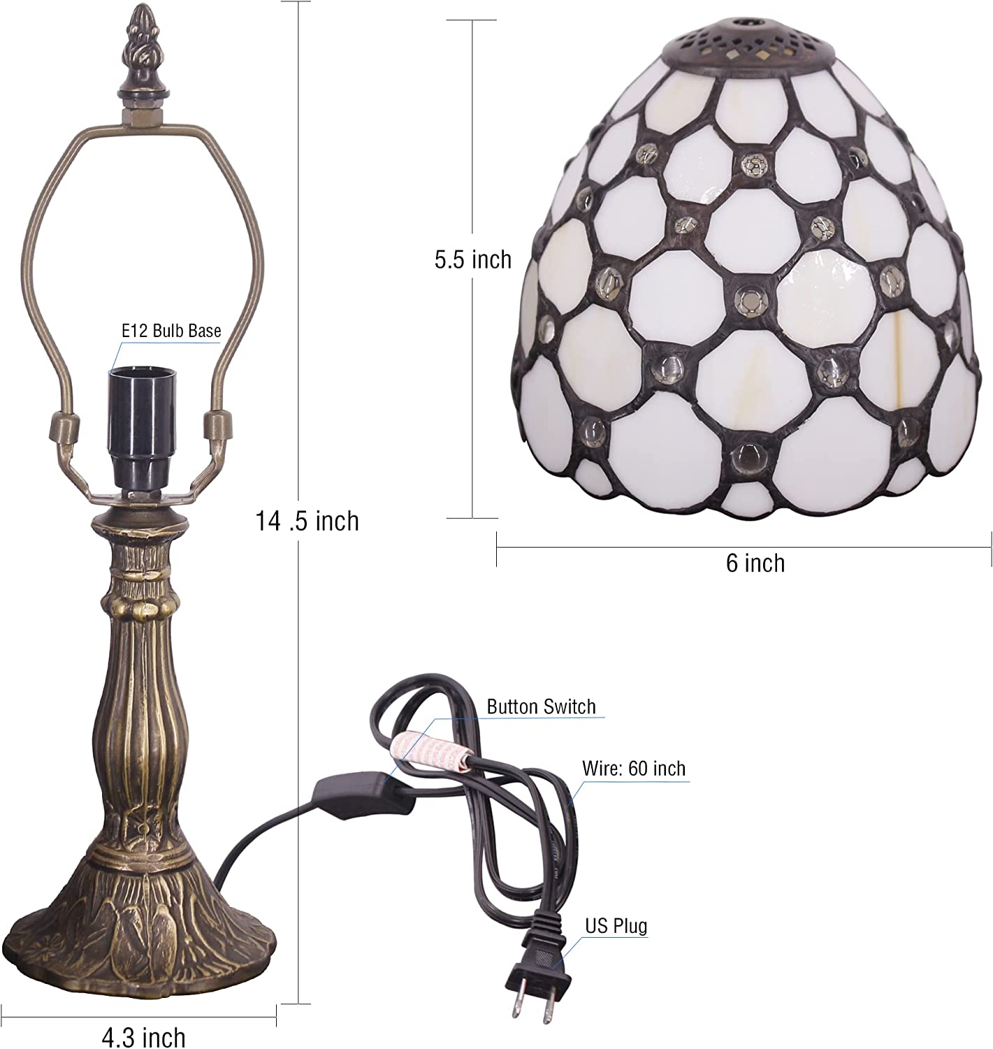 Werfactory® Small Tiffany Lamp White Crystal Bead Style Stained Glass Table Lamp 14" Tall