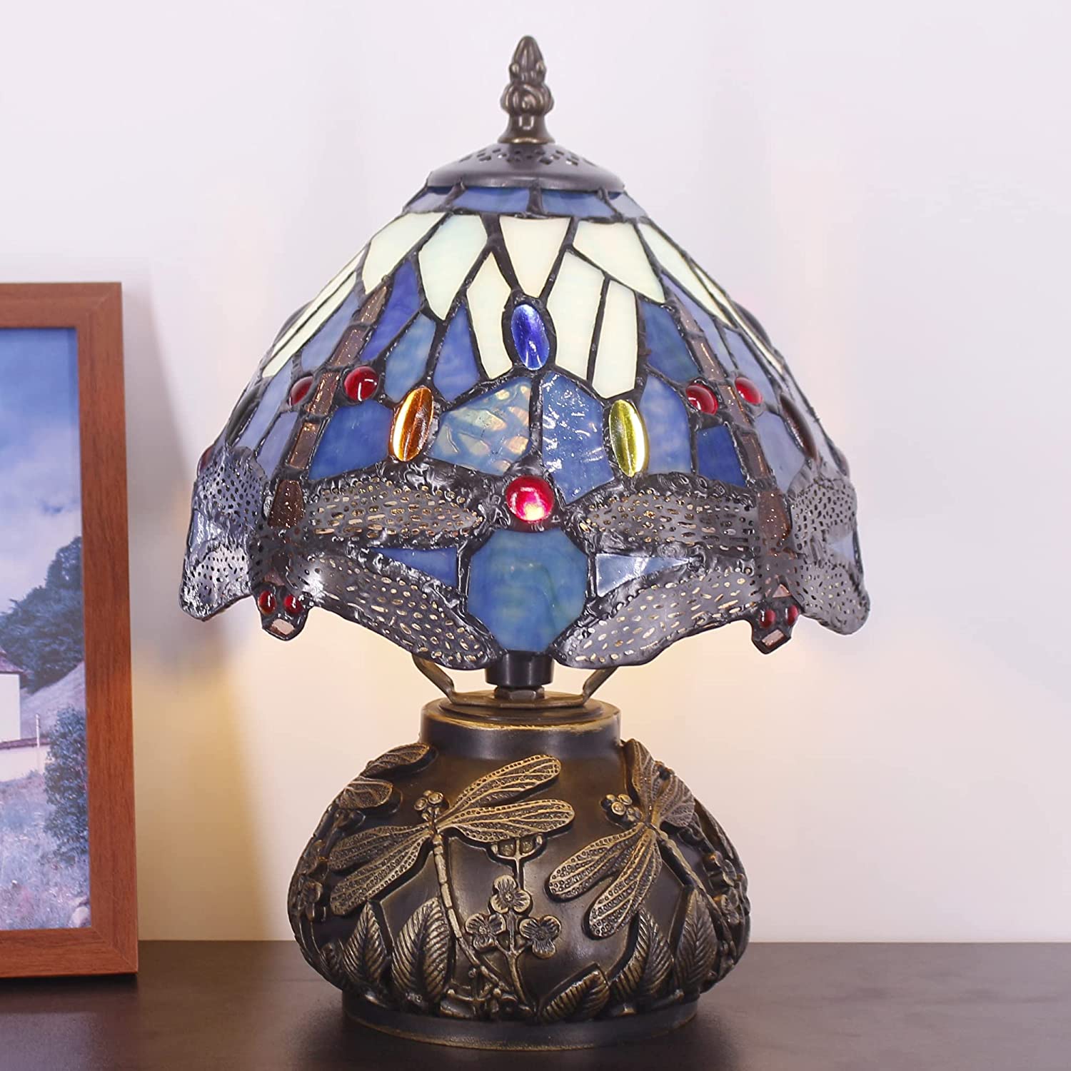 Werfactory® Small Tiffany Table Lamp with 8" Blue Stained Glass Dragonfly Shade, 11" Tall