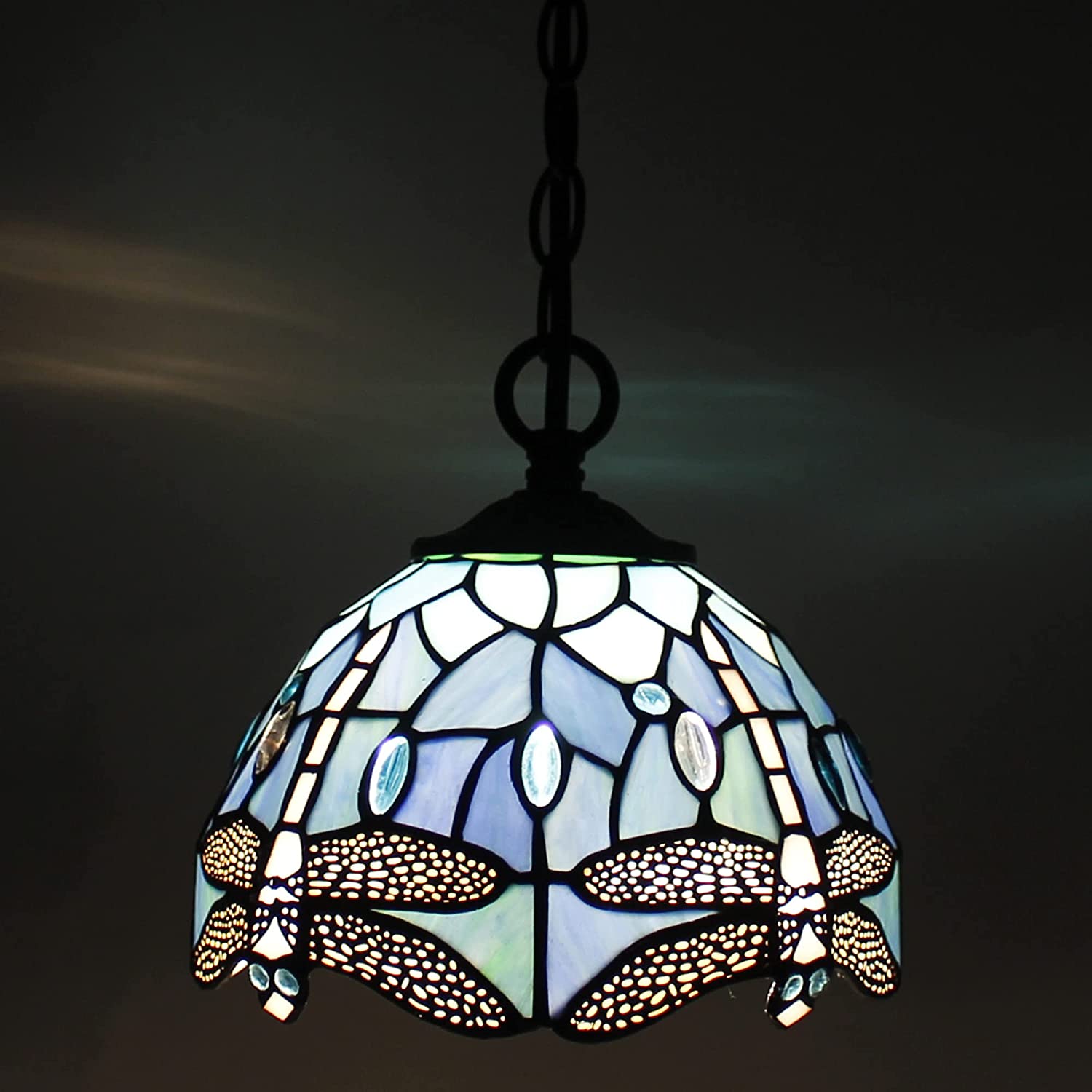Werfactory® Tiffany Pendant Light Green Stained Glass Dragonfly Style Shade Hanging Lamp