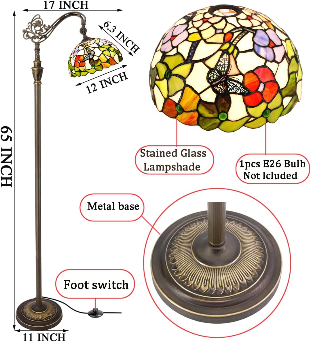 Werfactory® Tiffany Floor Lamp 12X18X65 Inches Stained Glass Butterfly Arched Gooseneck Reading Light