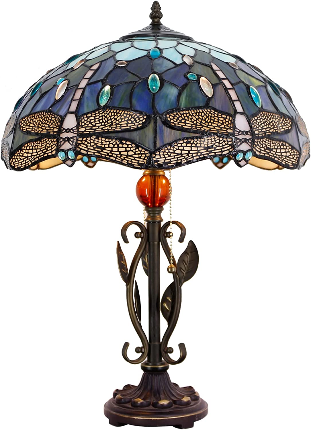 Werfactory® Tiffany Table Lamp Blue Stained Glass Dragonfly Desk Light 16Inch