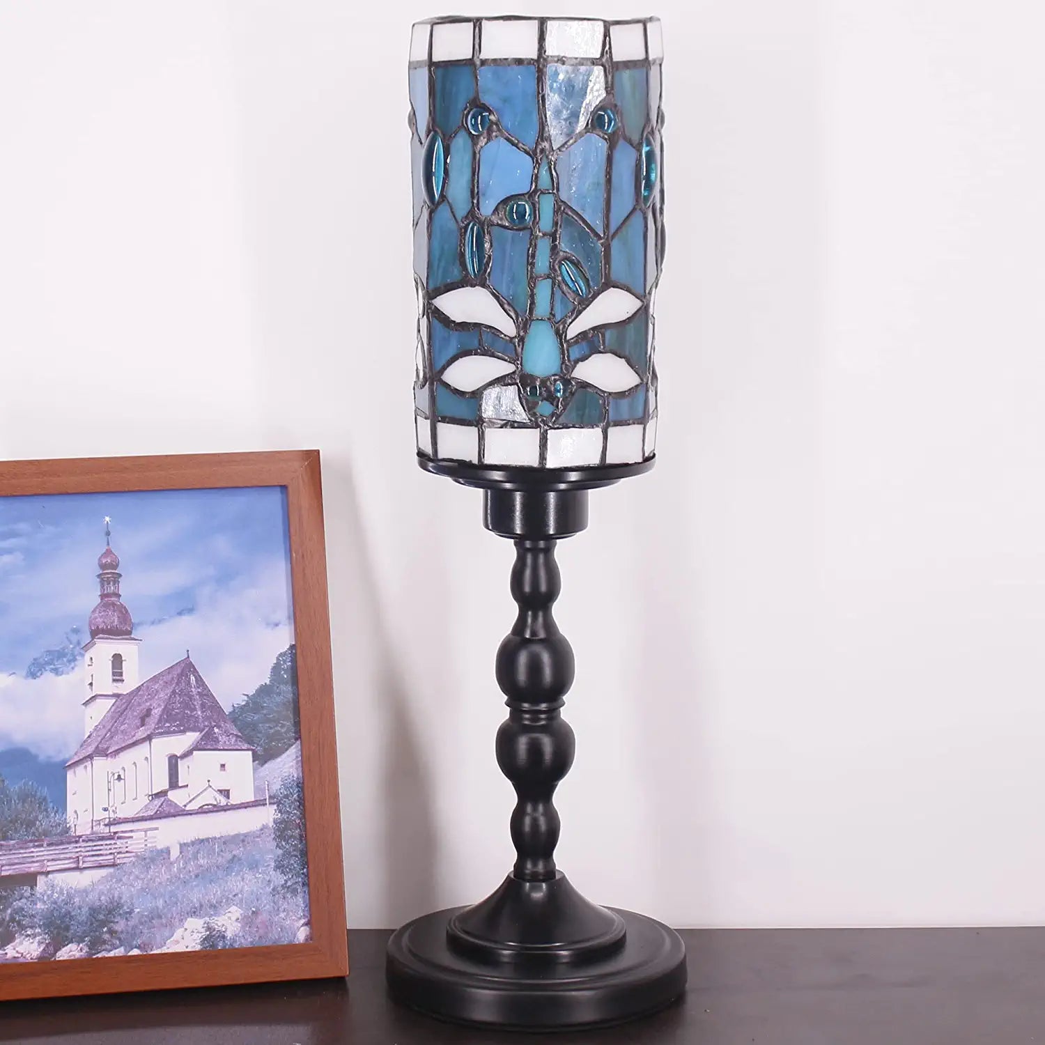 WERFACTORY Small Tiffany Lamp Mini Stained Glass Table Lamp Wide 4 Tall 15 Inch Green Blue Dragonfly Style Rustic Night Light