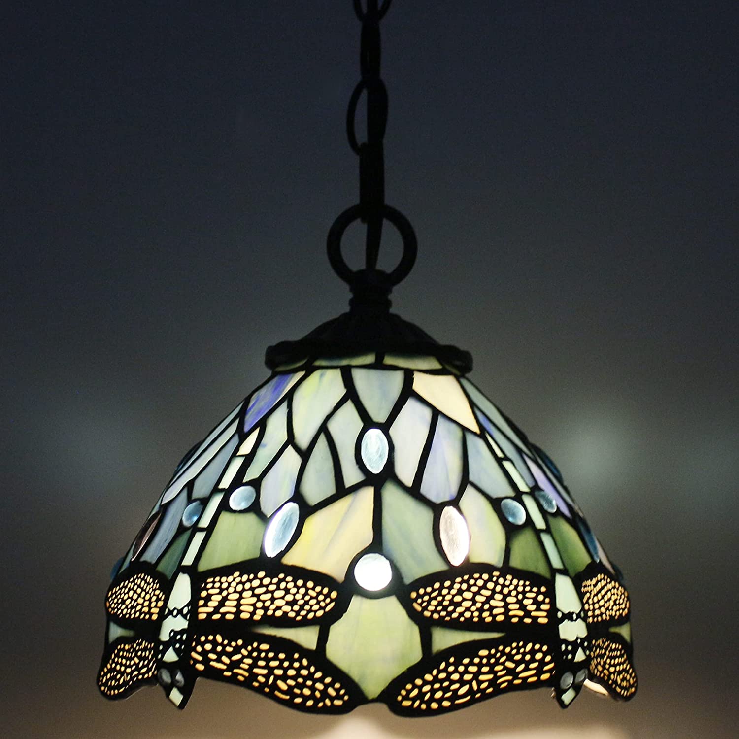 Werfactory® Tiffany Pendant Light Sea Blue Stained Glass Dragonfly Style Wide 8 Inch Hanging Lamp