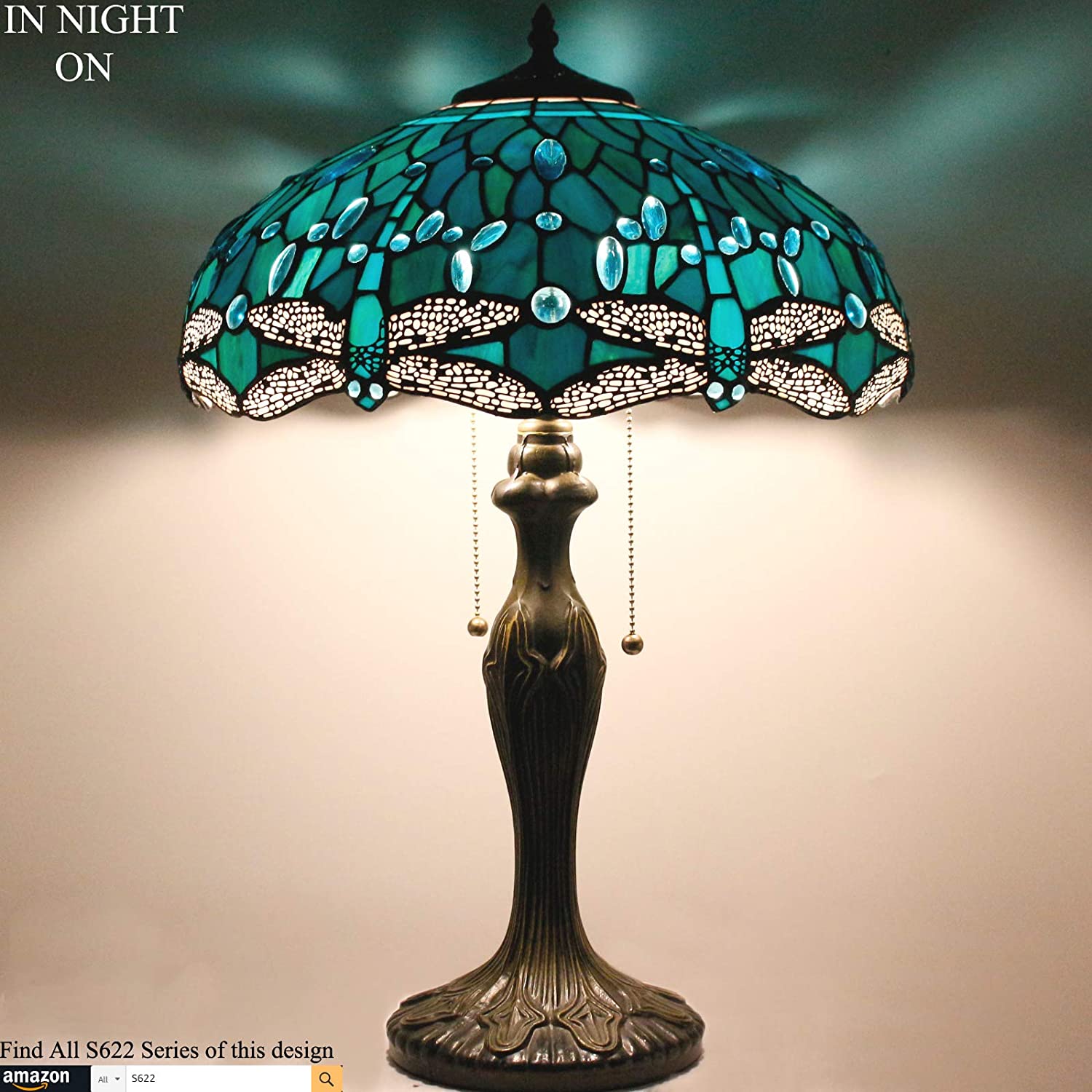 Tiffany Lampshade Replacement Werfactory® W16H7-inch Green Stained Glass Dragonfly Style Shade