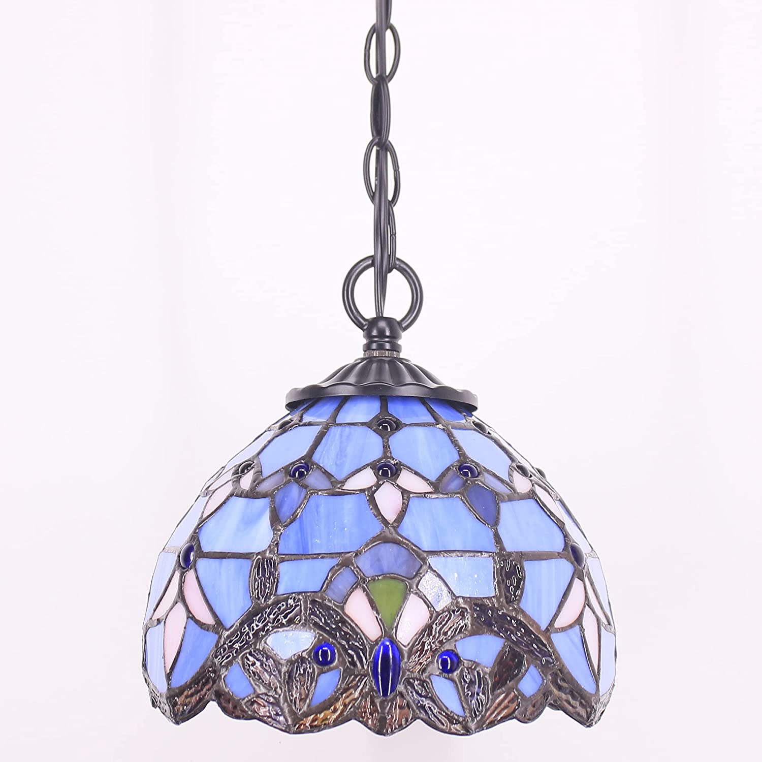Werfactory® Tiffany Pendant Light with W8H7 Inch Baroque Stained Glass Hanging Lamp
