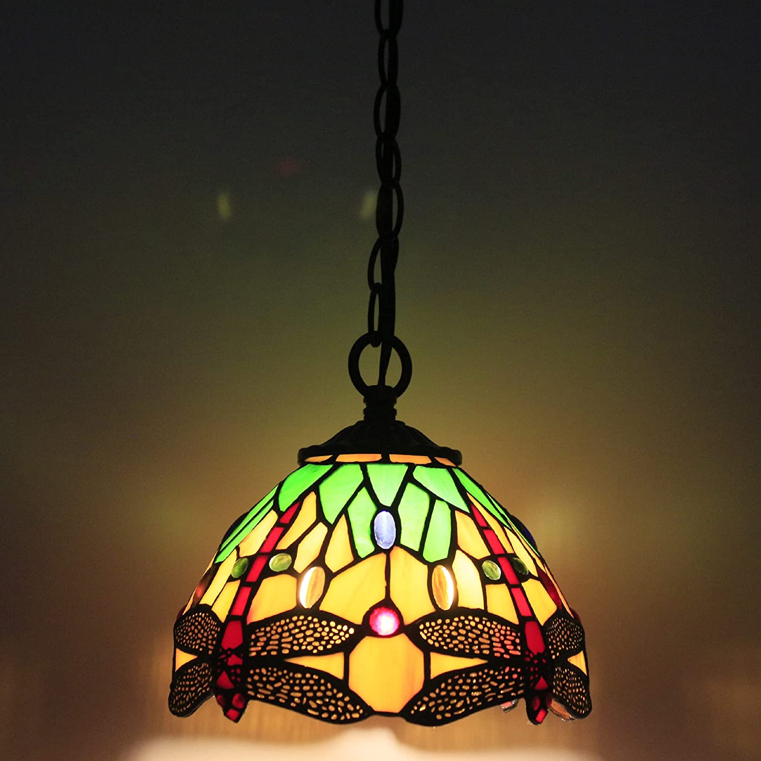 Werfactory® Tiffany Pendant Lighting with 8 Inch Green Stained Glass Dragonfly Style Hanging Lamp