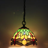 Werfactory® Tiffany Pendant Lighting with 8 Inch Green Stained Glass Dragonfly Style Hanging Lamp