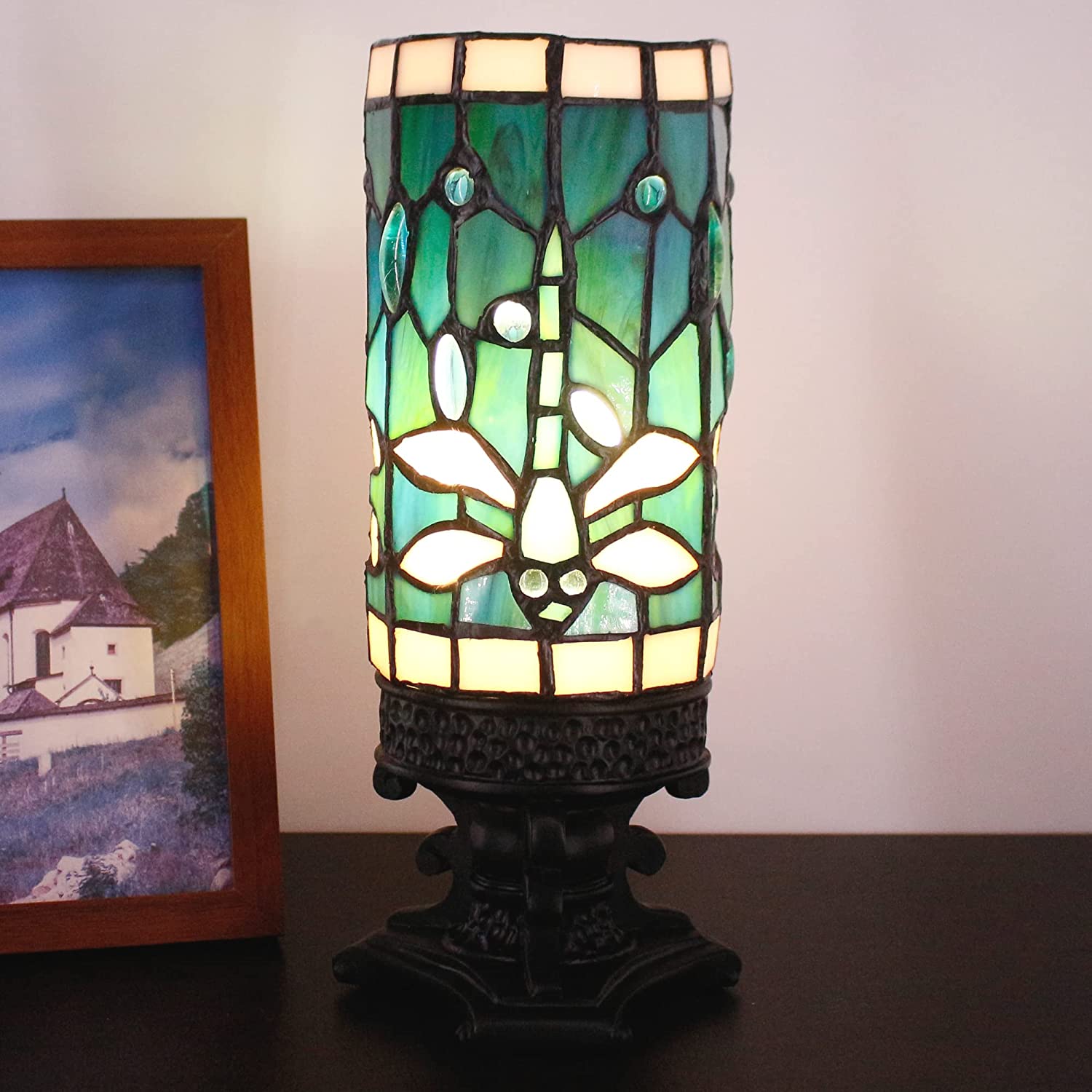 WERFACTORY Small Tiffany Lamp Mini Stained Glass Table Lamp Wide 4 Tall 10 Inch Green Blue Dragonfly Style Desk Night Light
