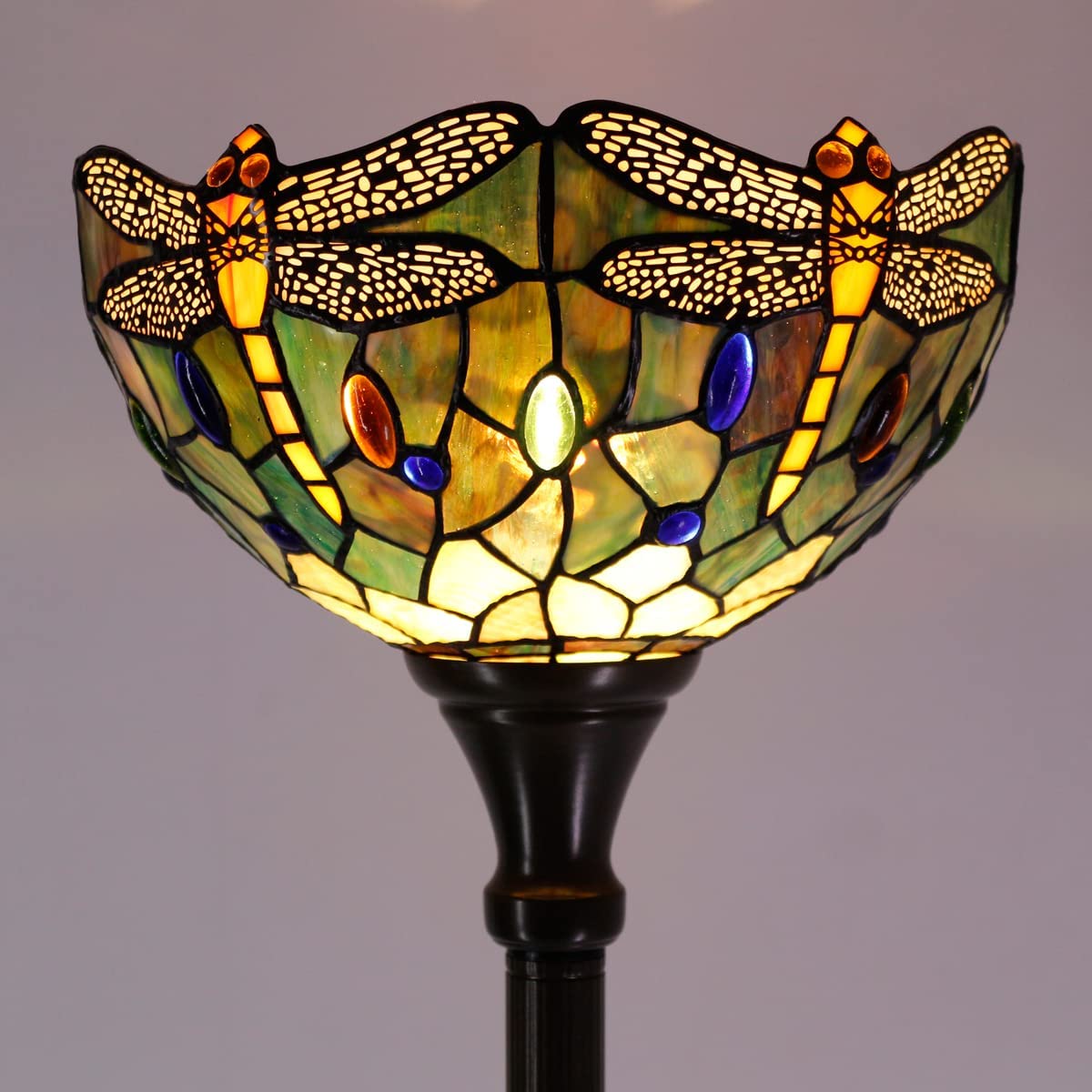 Werfactory® Torchiere Tiffany Floor Lamp 12X12X67 Inches Brown Stained Glass Dragonfly Torch Light