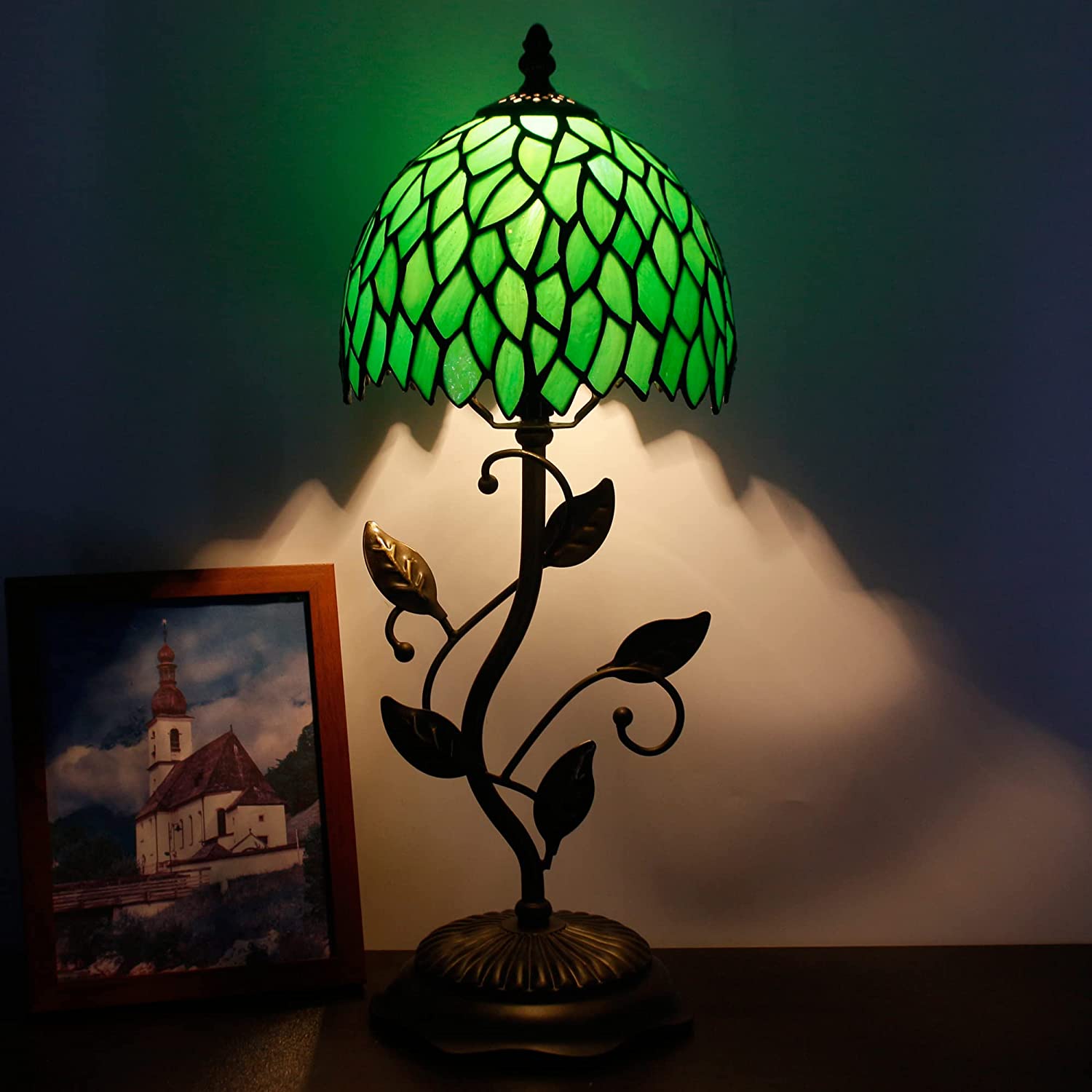 Werfactory® Tiffany Night Light Green Leaves Style Stained Glass Leaf Base Table Lamp