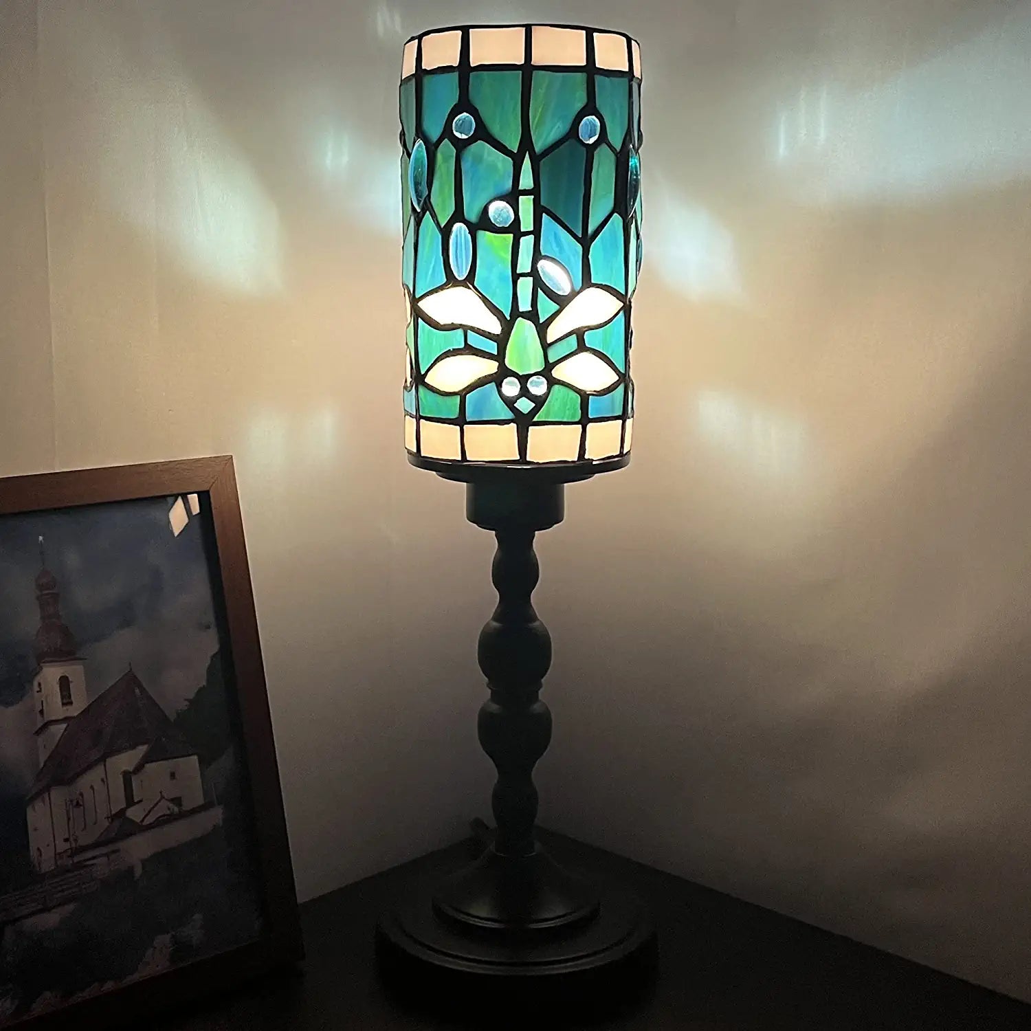 WERFACTORY Small Tiffany Lamp Mini Stained Glass Table Lamp Wide 4 Tall 15 Inch Green Blue Dragonfly Style Rustic Night Light