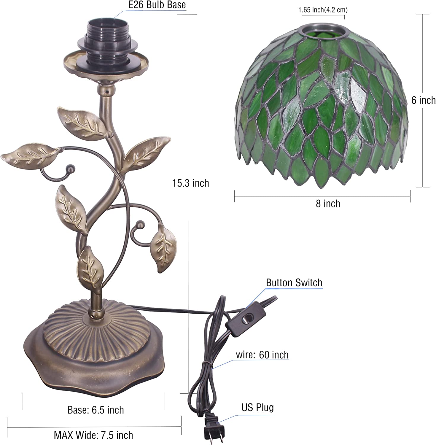 WERFACTORY Small Tiffany Table Lamp 8" Green Stained Glass Wisteria Style Shade 19" Tall Antique Vintage Metal Leaf Base Mini Bedside Accent Desk Torchiere Uplight