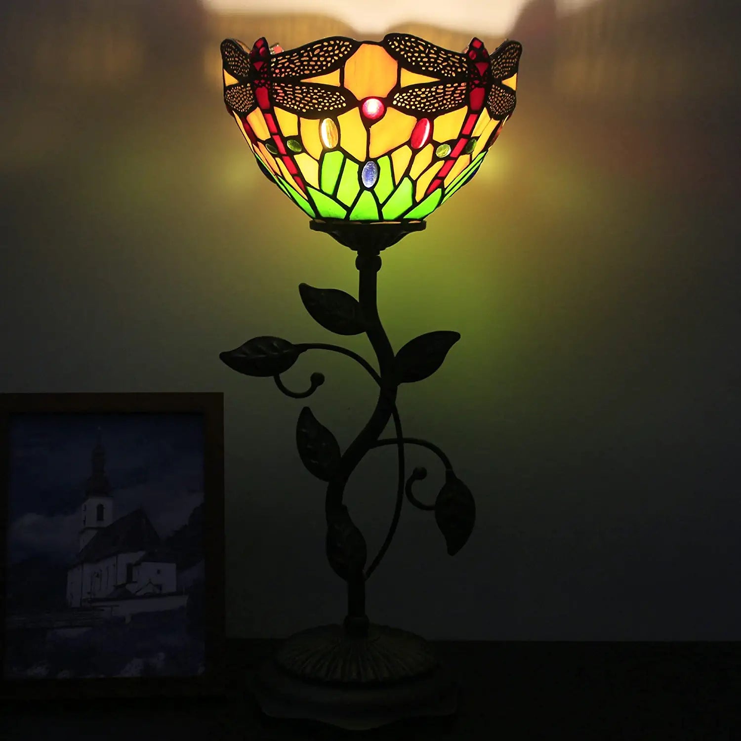 WERFACTORY Small Tiffany Table Lamp 8" Yellow Stained Glass Dragonfly Style Shade 19" Tall Antique Vintage Metal Leaf Base Mini Bedside Accent Desk Torchiere Uplight