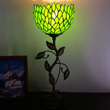 WERFACTORY Small Tiffany Table Lamp 8" Green Stained Glass Wisteria Style Shade 19" Tall Antique Vintage Metal Leaf Base Mini Bedside Accent Desk Torchiere Uplight