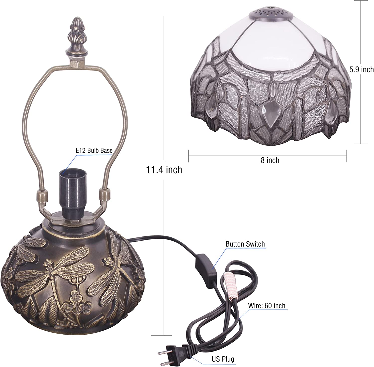 8 Inch White Crystal tiffany lamp shade Werfactory® Stained Glass shade