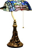Werfactory® Banker Lamp Tiffany Desk Lamp Navy Blue Dragonfly Style Stained Glass Table Lamp 15" Tall
