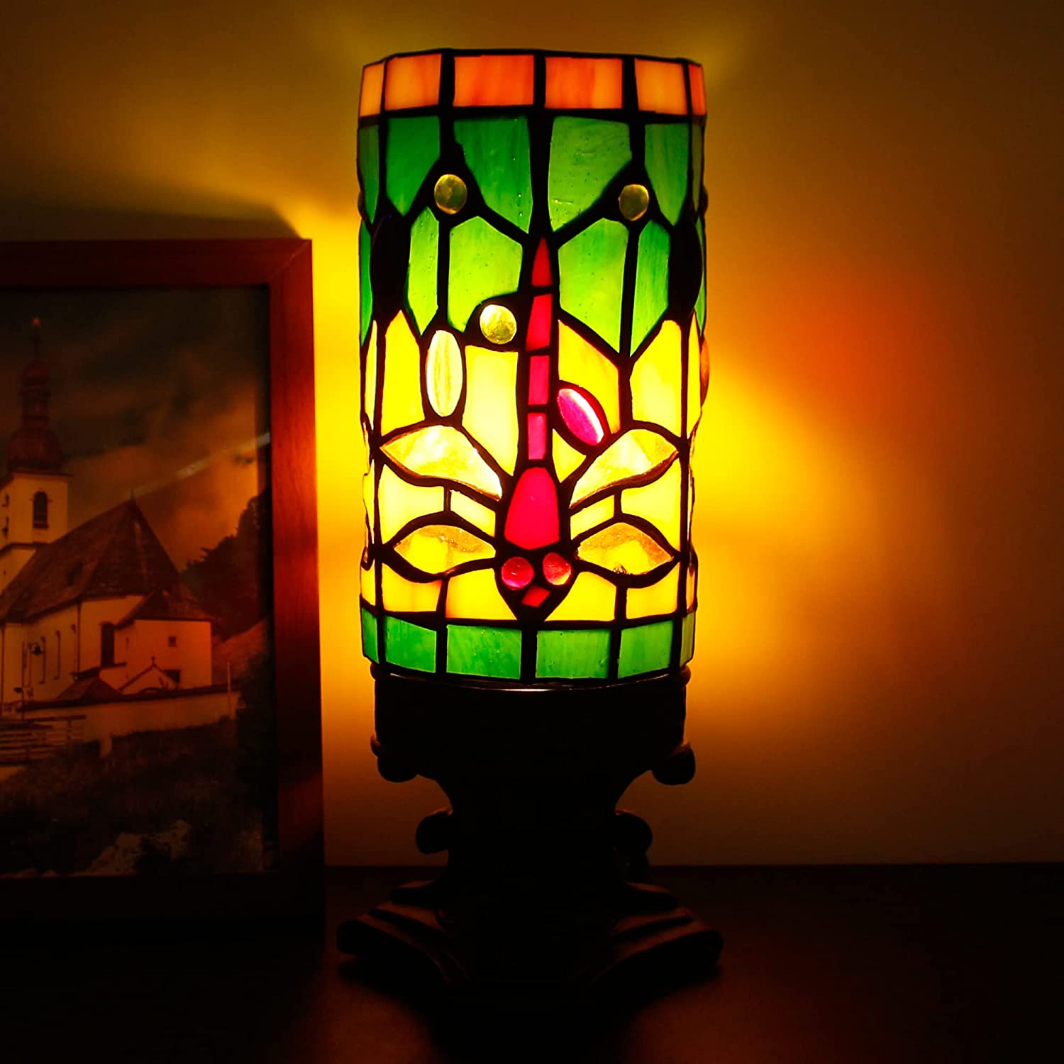 WERFACTORY Small Tiffany Lamp Wide 4 Tall 10 Inch Mini Stained Glass Table Lamp Cream Dragonfly Style Desk Night Light