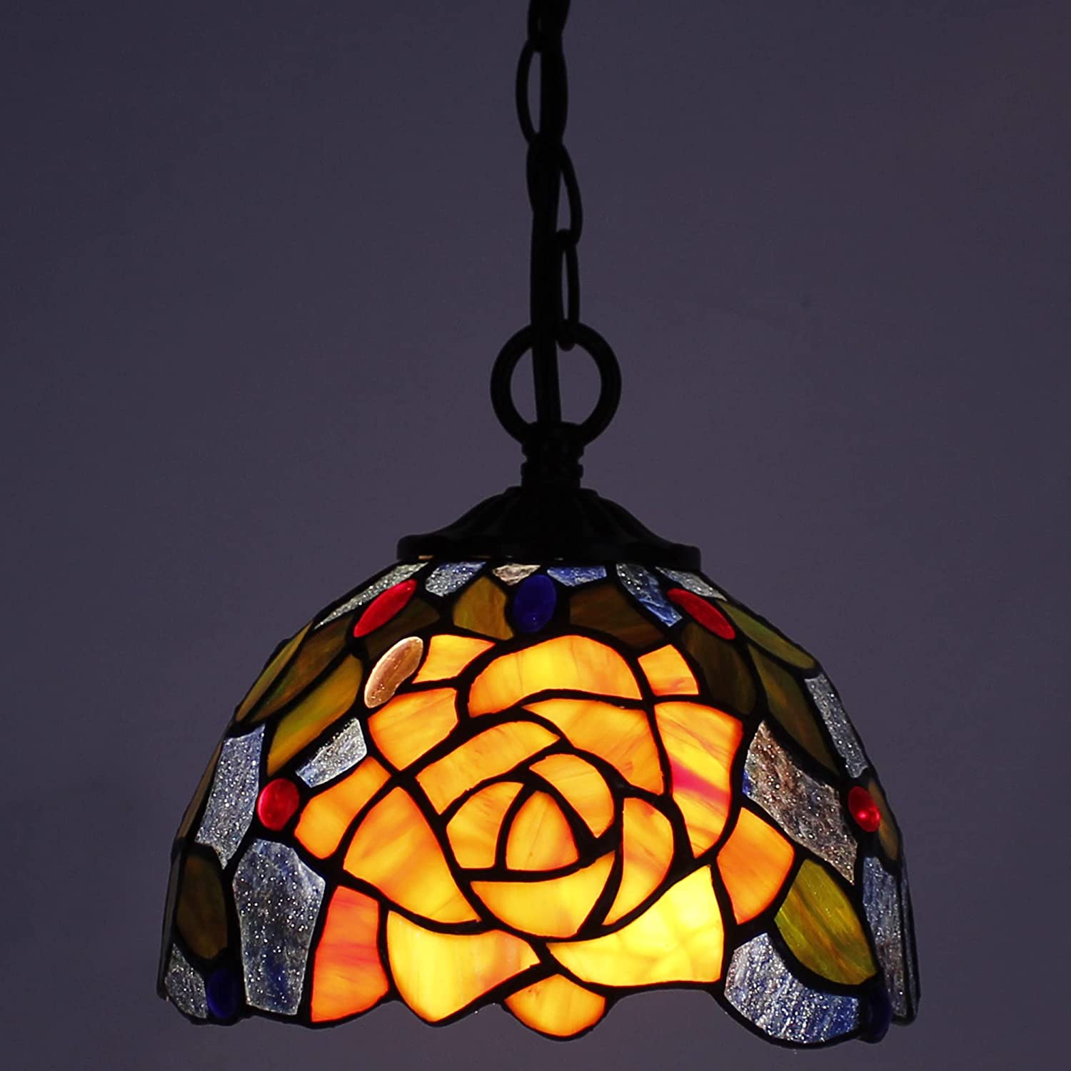 Werfactory Tiffany Pendant Light with W8H7 Inch Stained Glass Rose Shade Hanging Lamp