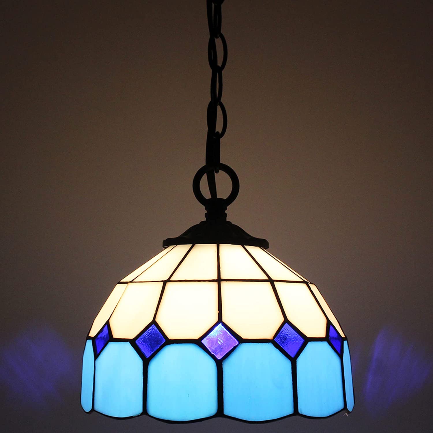 Tiffany Pendant Light with 8 Inch Blue Stained Glass Style Shade Hanging Lamp