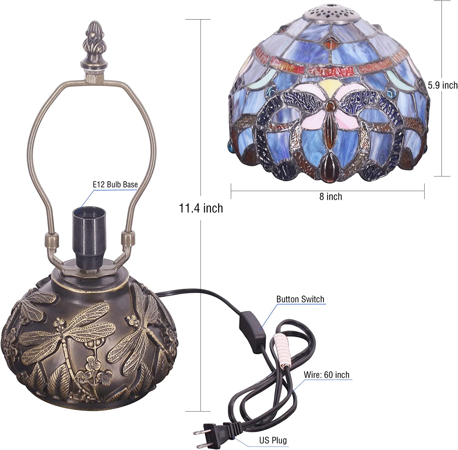 8" Tiffany Overcast Sky Blue Shade Werfactory® Stained Glass Shade