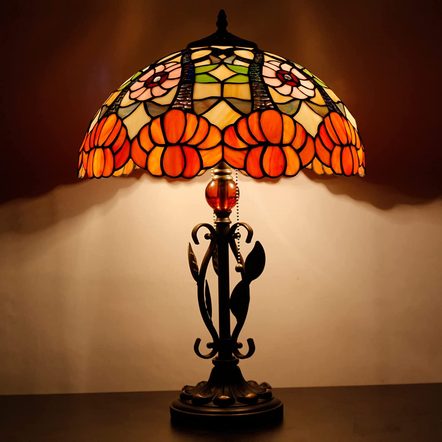 16 inch Tiffany Table Lamp Stained Glass Lamp Orange Flower Desk Light