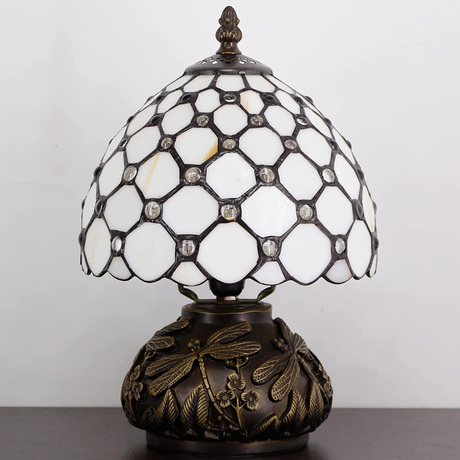 Werfactory® Small Tiffany Table Lamp with 8" White Stained Glass Crystal Bead Shade, 11" Tall