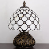 Werfactory® Small Tiffany Table Lamp with 8" White Stained Glass Crystal Bead Shade, 11" Tall