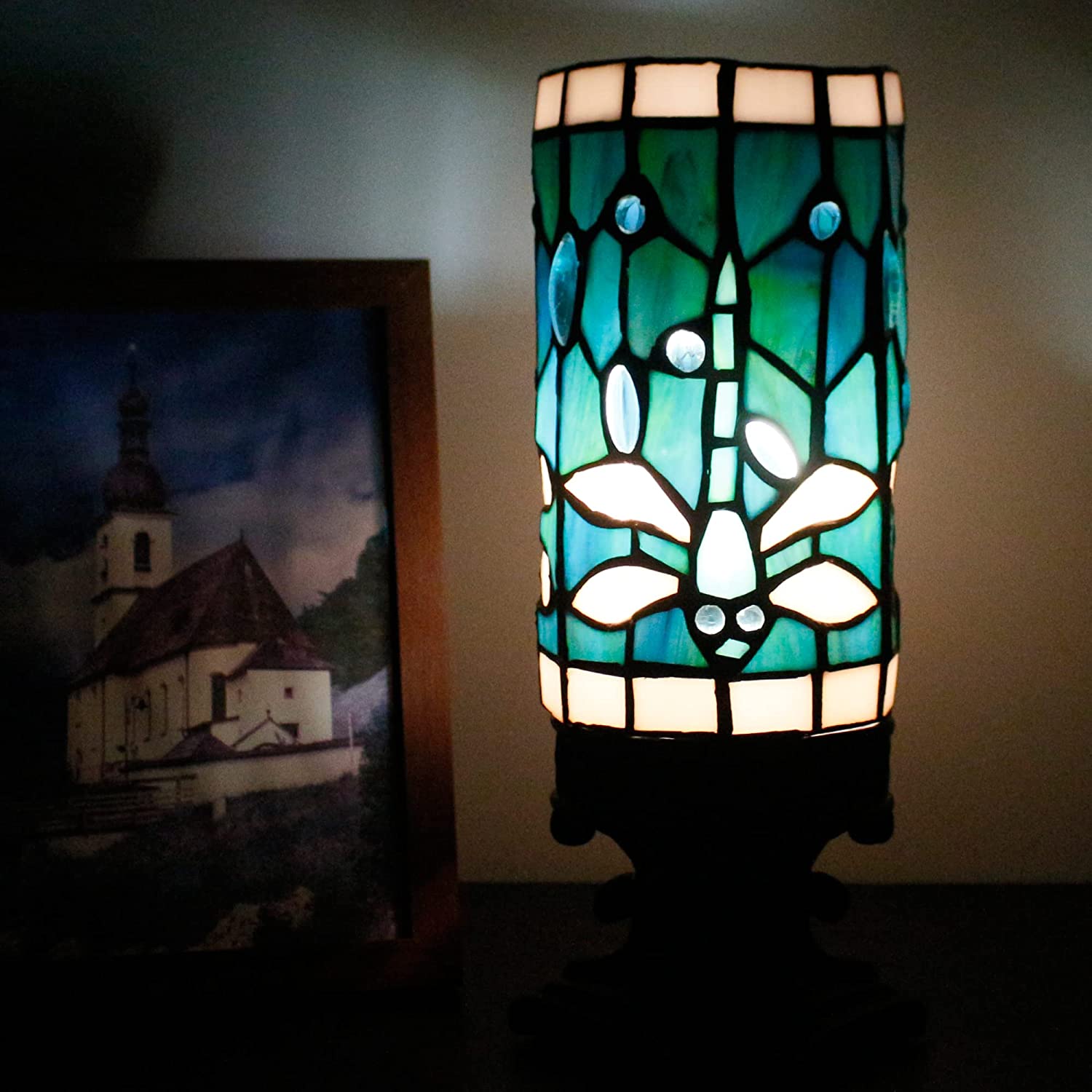 WERFACTORY Small Tiffany Lamp Mini Stained Glass Table Lamp Wide 4 Tall 10 Inch Green Blue Dragonfly Style Desk Night Light