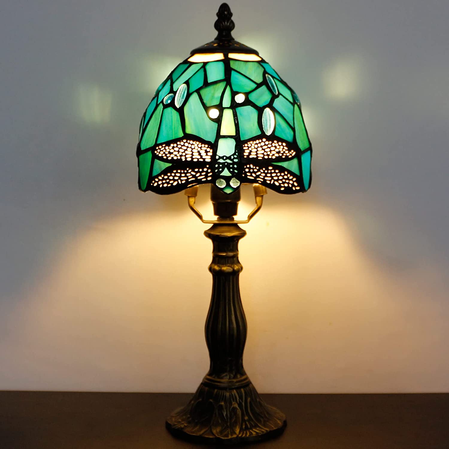Werfactory® Tiffany Lamp Stained Glass Table Lamp Green Blue Dragonfly Style Accent Lamp