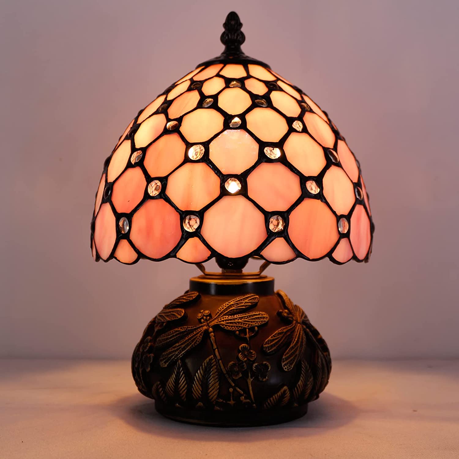 WERFACTORY Small Tiffany Lamp W8H11 Inch bead Stained Glass Table Lamp Bronze Mushroom Resin Base Mini Accent Lamp Decor Bedroom (Pink Bead)