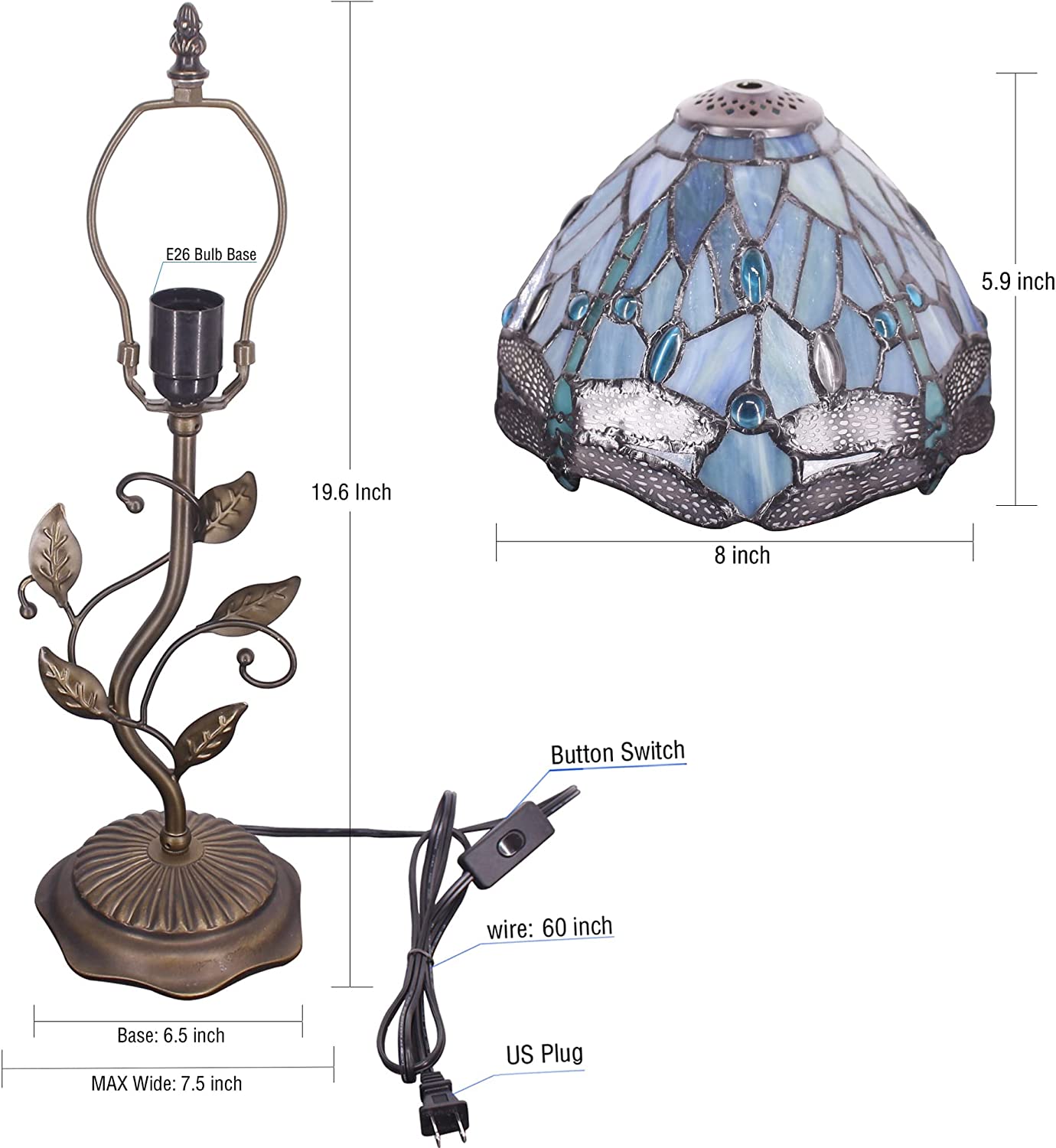 Werfactory® Tiffany Night Light with 8" Sea Blue Stained Glass Dragonfly Style Shade 19" Tall Farmhouse Luxury Rustic Metal Leaf Table Lamp, Small Cute Memory Bedside Lamp