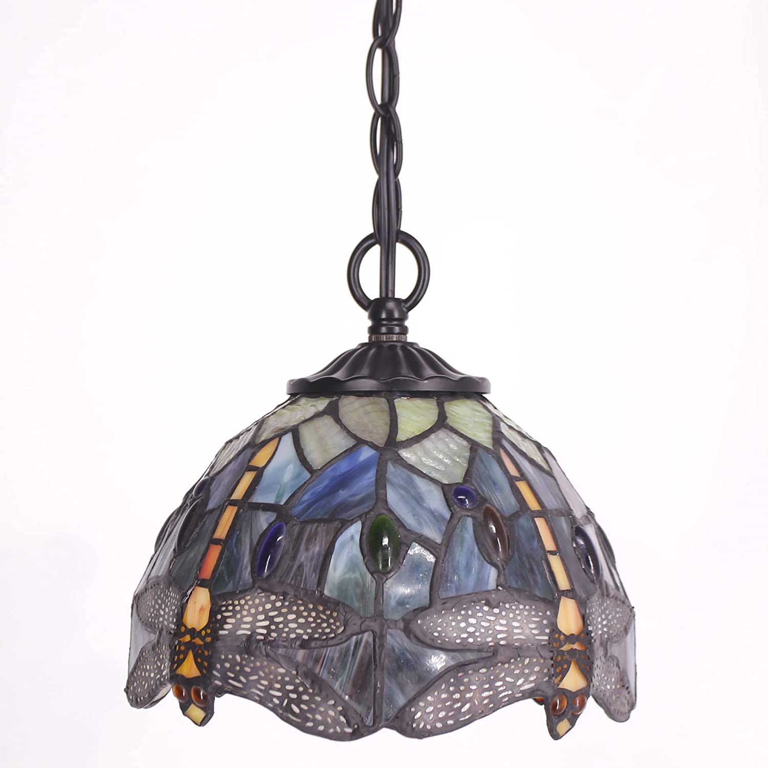 Tiffany Pendant Light with W8H7 Inch Stained Glass Dragonfly Style Shade Hanging Lamp