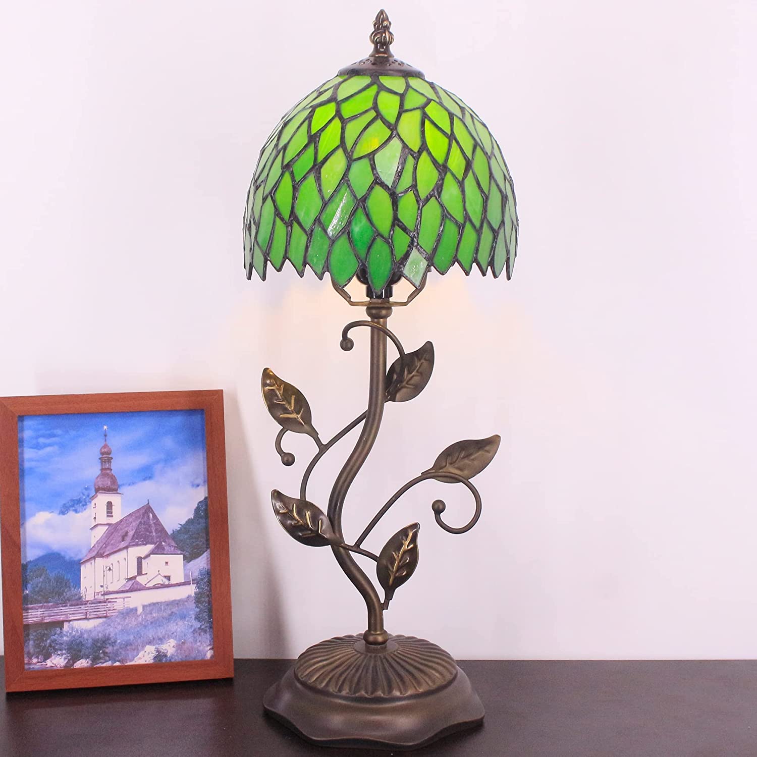 Werfactory® Tiffany Night Light Green Leaves Style Stained Glass Leaf Base Table Lamp