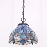 Werfactory® Tiffany Pendant Light Sea Blue Stained Glass Dragonfly Style Wide 8 Inch Hanging Lamp
