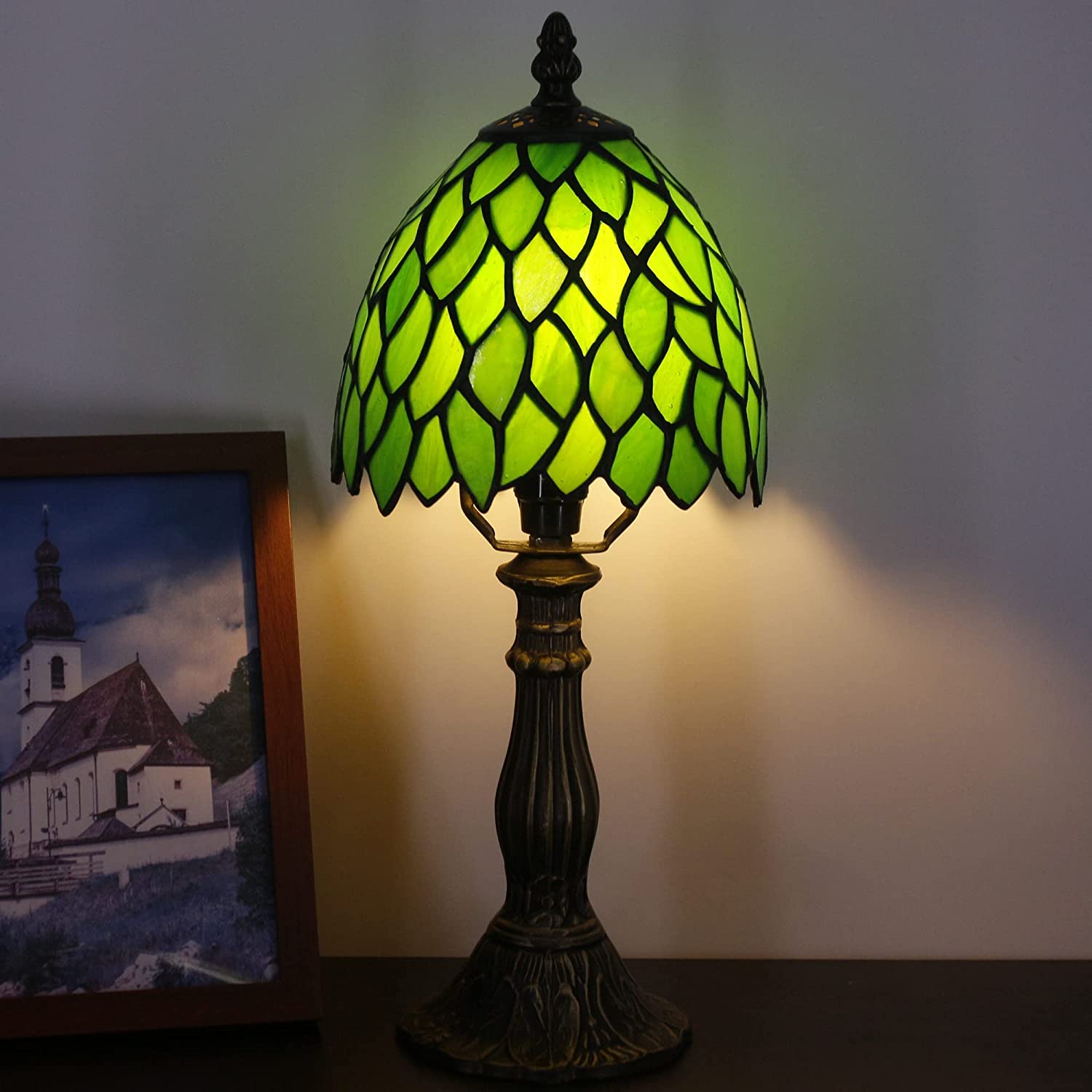 Werfactory® Small Tiffany Lamp Stained Glass Green Leaves Style Table Lamp 14" Tall
