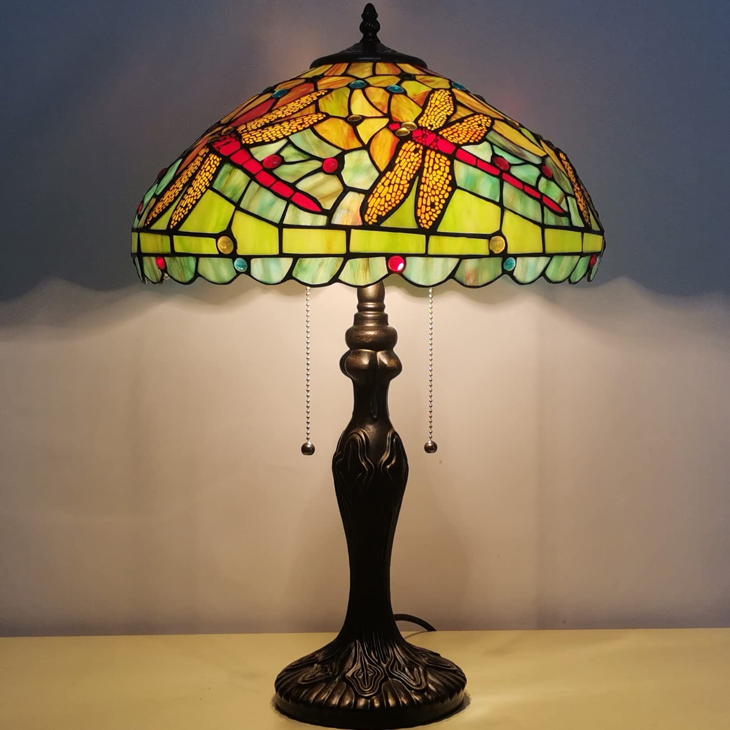 Werfactory® Tiffany Table Lamp Green Yellow Stained Glass Dragonfly Style Handmade Reading Lamp