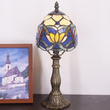 Werfactory® Small Tiffany Lamp Blue Stained Glass Lotus Style Table Lamp, 14" Tall