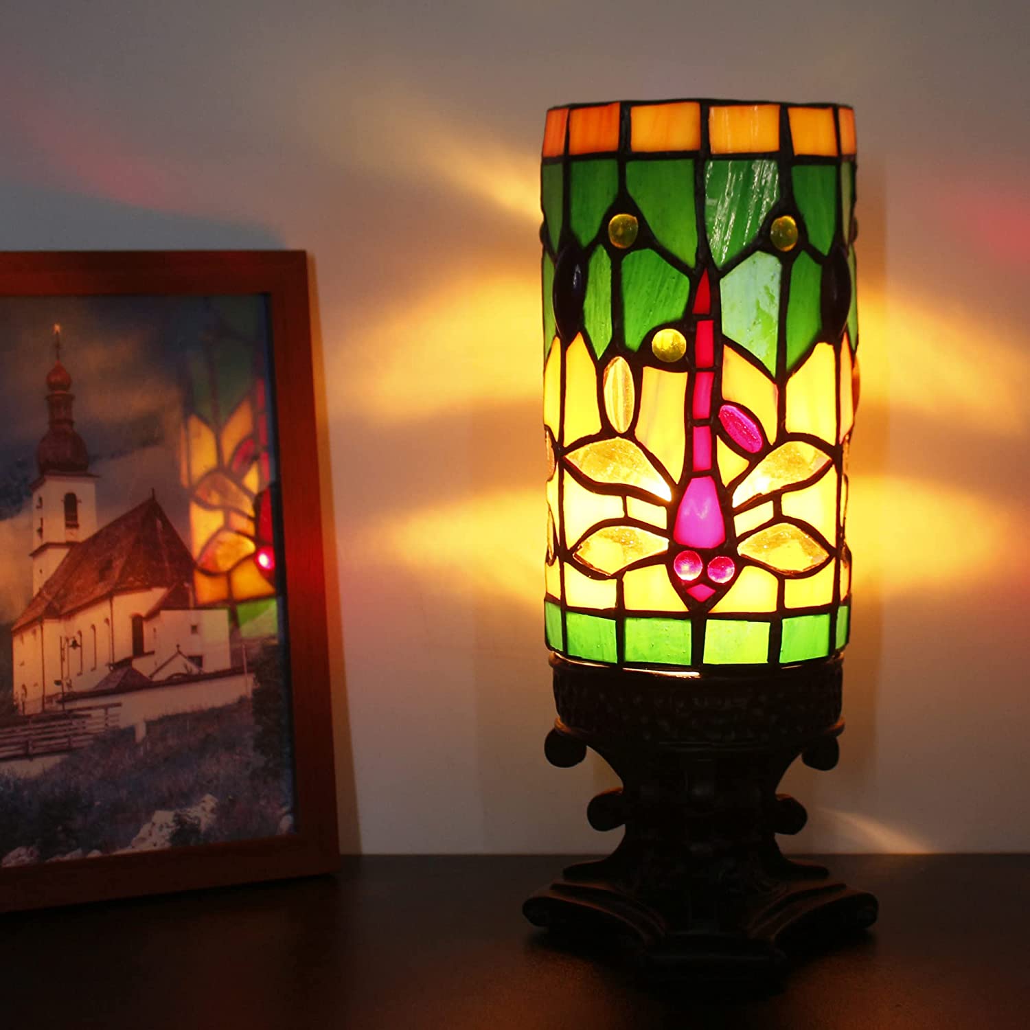 WERFACTORY Small Tiffany Lamp Wide 4 Tall 10 Inch Mini Stained Glass Table Lamp Cream Dragonfly Style Desk Night Light