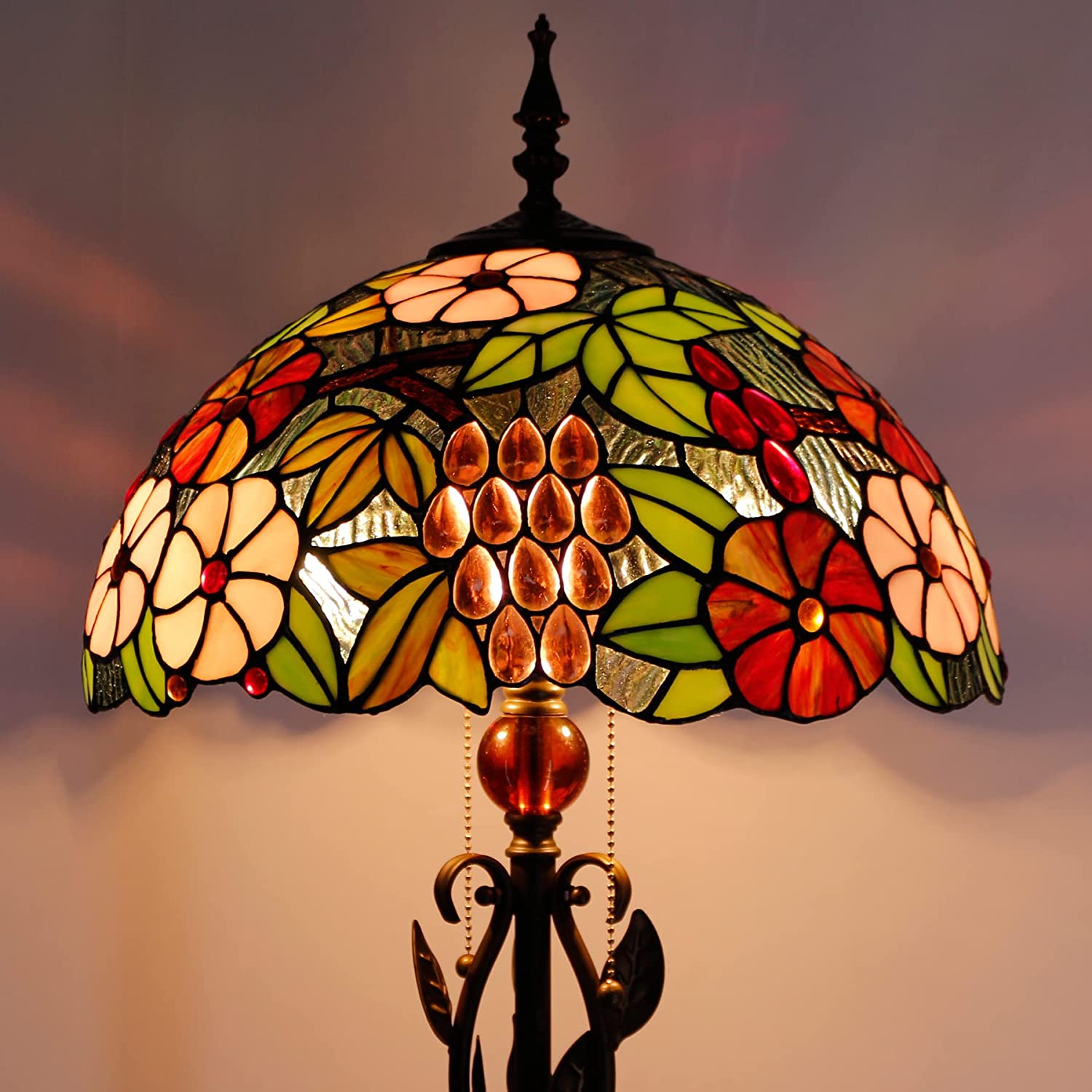 Tiffany Floor Lamp Stained Glass Green Grape Stainding Light W16H70 Inch Iron Metal Leaves Bronze Base