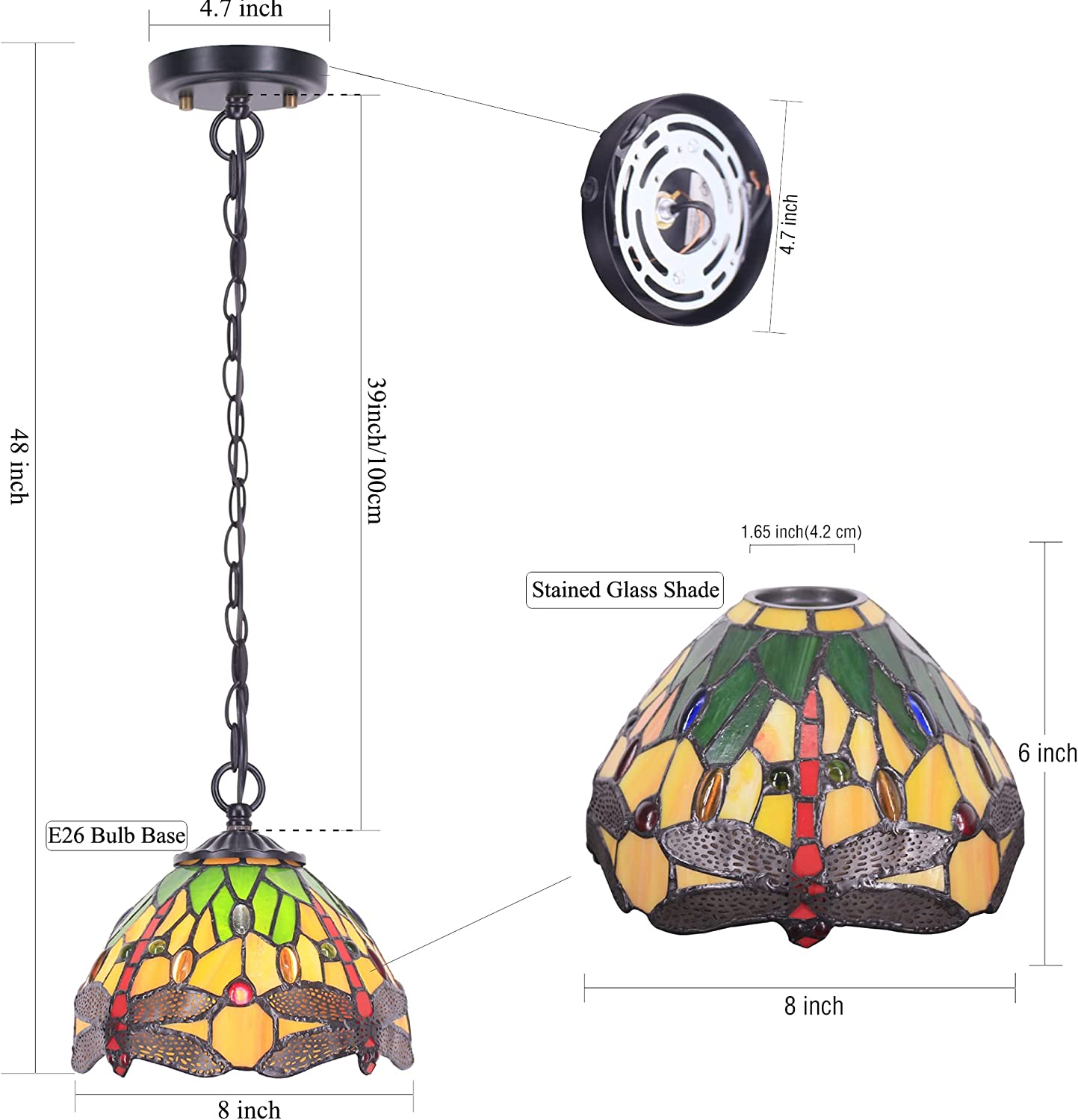 Werfactory® Tiffany Pendant Lighting with 8 Inch Green Stained Glass Dragonfly Style Hanging Lamp