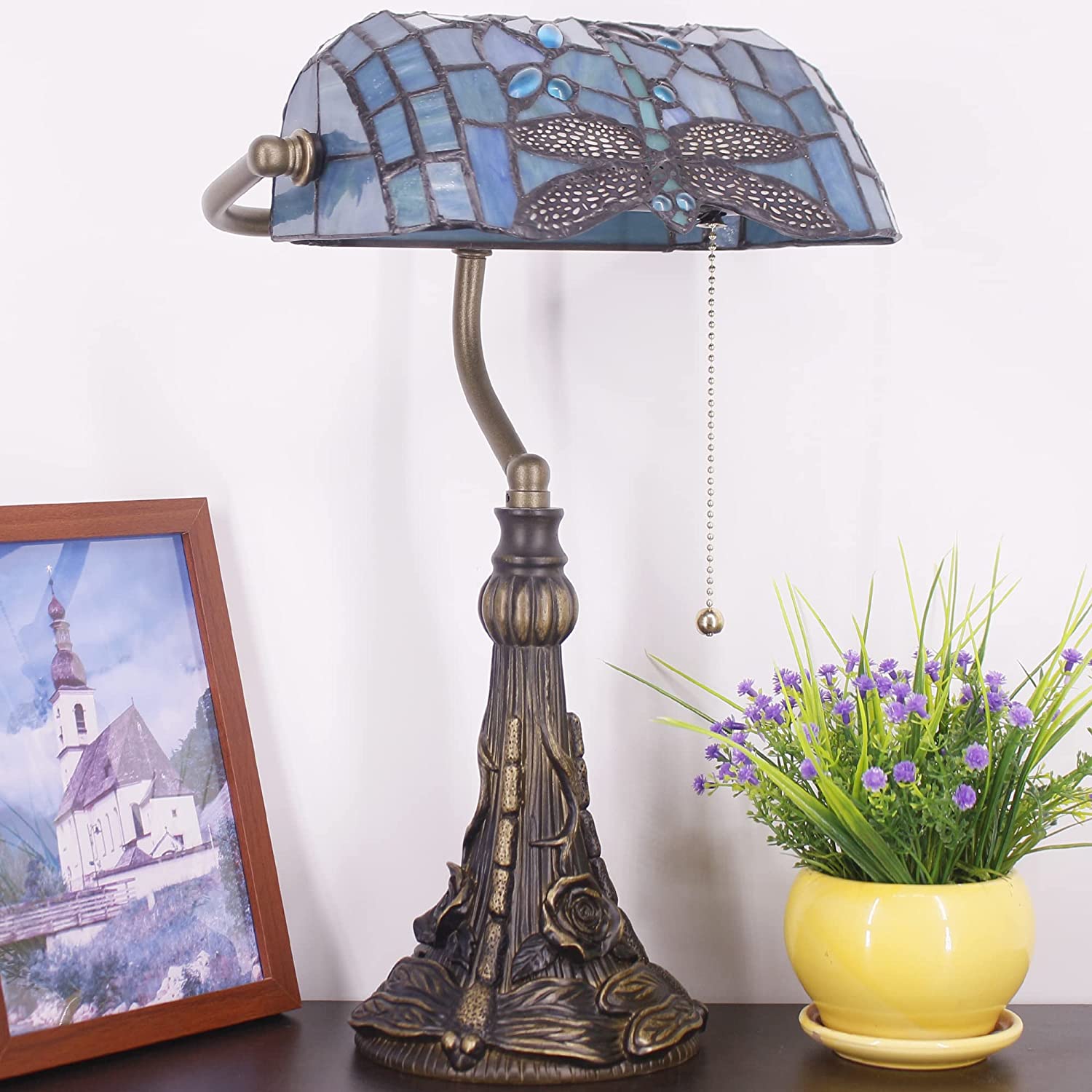 Werfactory® Banker Lamp Tiffany Desk Lamp Sea Blue Dragonfly Style Stained Glass Table Lamp 15" Tall